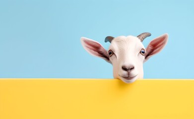 Wall Mural - Creative Animal Concept. Sheep peeking over pastel bright background. Generative AI.