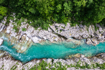 Canvas Print - Emerald Soca river in Slovenia , aerial drone to down view