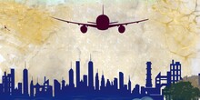 Airplane Flying Over The City Green Blue Mixed Soft Color Bright Light Effect Urban Area Vintage Crystal Surface Stylish Modern Vintage Old Image Cover Page Vector Canvas Use Template Slide High Art