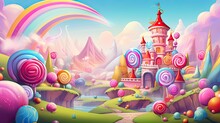 Pink Sweet Candy Land. Fairy Tale Castle. Concept Of Wonderland. AI Illustration..