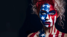 Patriotic Face Painting. Portrait Of A Woman With The Flag Of The USA Painted On Her Face. Black Background With Copy Space For Text