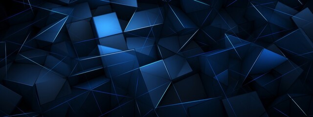 Poster - Futuristic technology digital concept background banner website illustration, 3d texture - Dark blue black abstract background with glowing triangular triangles geometric glowing shiny (Generative Ai)