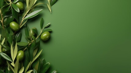 Wall Mural - Background olive branch on a green background. green olives. olive oil. green banner. copy space. generative ai