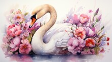 white swan with flowers on a white background watercolor illustration. Generative AI.