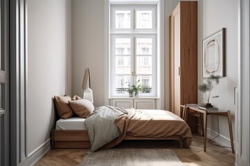 Single bed in a contemporary apartment's small bedroom. Generative AI