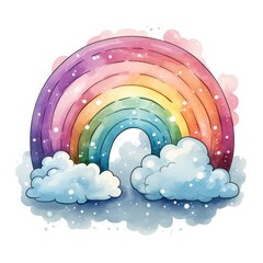 Watercolor rainbow with clouds. Generative AI.
