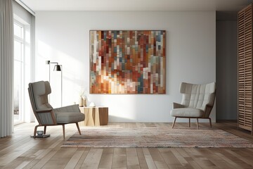 Wall Mural - Two armchairs, a standing painting, and a rug on the parquet floor may be found in one neatly decorated corner with a panoramic outlook. a mockup a design idea for a contemporary living room