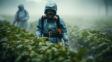 Person In A Hazmat Suit And Gas Mask Standing In A Wheat Filed. Concept Of Toxic Pesticide Usage. Generative AI