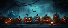 Horror Halloween Blue Evil Background October Table Mystery Pumpkin Night Fear. Generative AI.