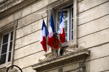 Wall Mural - Avignon town hall (Hotel de Ville) in France. French flag in local government building.