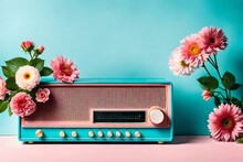 Old Pink Vintage Retro Style Radio Receiver With Colorful Summer Flowers And Green Leaves