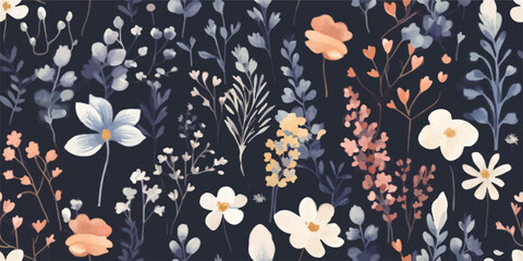 Floral seamless pattern in rustic style on dark blue background, watercolor print with abstract wild flowers, plants and leaves for textile, wallpapers or decoration texture