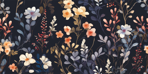 floral seamless pattern in rustic style on dark blue background, watercolor print with abstract wild
