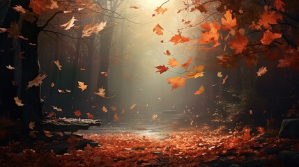 autumn forest maple leaves fall on ground, background wallpaper, generative ai