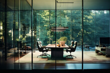 Modern Style Office Interior With Glass Walls And Doors. Green Garden Outside. Office Room In Modern House. Business Open Space. Corporate Workplace