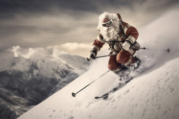 skier ski snow sport winter mountain holiday santa christmas snowboarder. Generative AI.