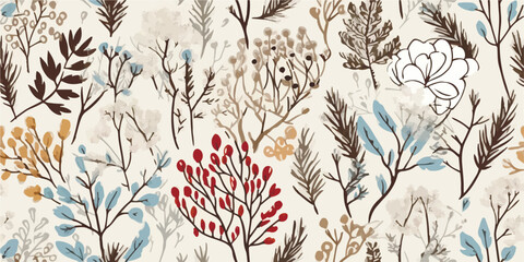 Floral seamless pattern with abstract flowers, branches, leaves, pine cones and plants, botanical vector illustration in vintage style