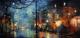 Fototapeta Londyn - watercolor style illustration, old town city street during snow fall, wet cold and lonely feeling, Generative Ai