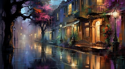 Wall Mural - painting style illustration, beautiful restaurant un urban street side in after raining atmosphere, Generative Ai