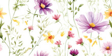 Floral Seamless Pattern With Colorful Flowers Cosmos, Coreopsis, Bells, Lavender And Green Leaves On Branches. Delicate Watercolor Illustration On White Background For Textile Or Wallpapers
