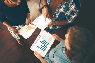 Poster - Paperwork, graphs or hands of business people with tablet planning a project with charts or data research. Teamwork, finance documents or above financial accountants in meeting for a digital strategy
