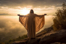 Jesus Christ Praying To God With Hands Raised, Rear View, Sunrise Sky Background.