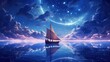 Leinwandbild Motiv art illustration sailing boat under galaxy night sky dreamy scenery, Generative Ai