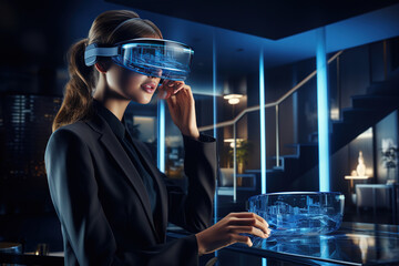 women wearing vr goggles posing finger pointing and touching on the air connecting to internet metav