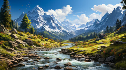 Poster - Beautiful mountain landscape with a small river in it. Generative AI