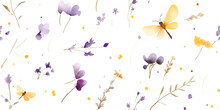 Minimalistic Floral Pattern With Small Flowers, Petals, Flying Butterfly And Dragonfly, Wildlife Watercolor Print, Seamless Pattern Purple And Yellow Colors, Delicate Illustration On White Background