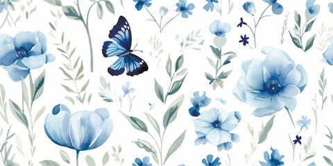 Pattern with blue abstract flowers and blue flying butterflies, watercolor seamless floral illustration for textile, nature background or wallpaper