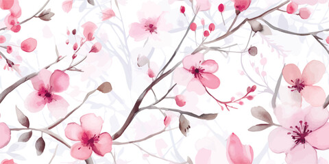 Spring seamless pattern with abstract blossom tree with delicate pink flowers and buds, watercolor illustration isolated on white background, floral print for fabric, wallpapers or wrapping paper.