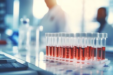 Research in the field of virology and the creation of innovative vaccines. Rack with test tubes with blood samples in a modern laboratory.