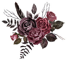 Watercolor Dark Roses And Leaves Arrangement, Vintage Victorian Gothic Style Botanical Illustration. Boho Floral Design.