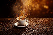 Cup of coffee, expresso with coffee splash on coffee bean background
