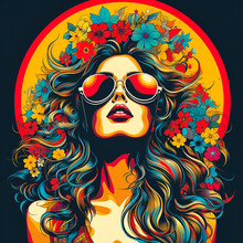 Portrait Of A Happy Fair-haired Woman In Sunglasses Colourful Psychedelic 1970s. AI Generative.