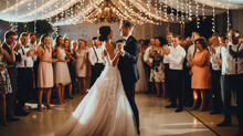 A Joyful Wedding Party Celebrating On The Dance Floor, Surrounded By Twinkling Lights And Vibrant Decorations Generative AI
