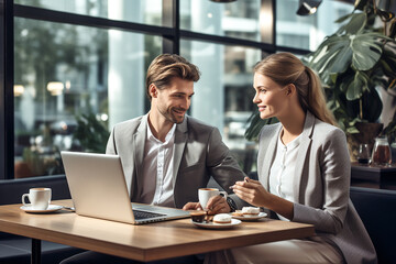 Two people flirting over coffee in the office. AI genertive..