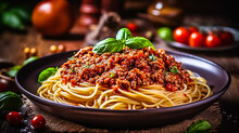 Serve The Spaghetti Bolognese With Fresh Parmesan And Green Salad. AI Generativ.