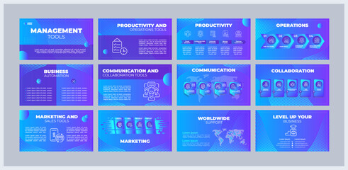 Management tools presentation templates set. Organizational change. Business software. Company strategy. Ready made PPT slides on blue background. Graphic design. Montserrat, Arial fonts used