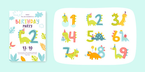 Wall Mural - children's birthday invitation with cute dino and set of numbers. kids birthday party card with dino