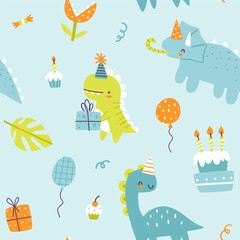 Wall Mural - Cute dino birthday party pattern. Seamless blue vector print with abstract dinosaurs party for wrapping paper.