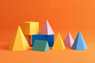Aufkleber - Three-dimensional prism pyramid and rectangular cube objects on orange colored background.
