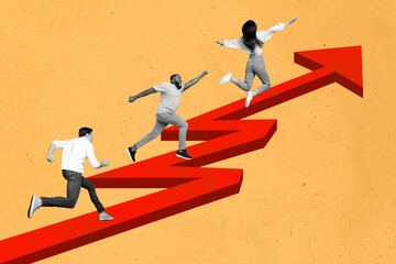 Aufkleber - Collage artwork image of black white gamma people run climb huge arrow upwards work success motivations isolated on drawing background