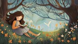 Fototapeta  - Little girl in the big forest or grass meadow adventures reading book in fairy tales. Cartoon drawing in the park garden. Kids baby children book and lullaby story illustration graphic. Generative AI