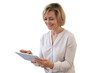 © ty - Cheerful middle aged woman standing on a transparent background, using computer tablet apps, looking at screen, reading good news in social network, shopping or chatting online.