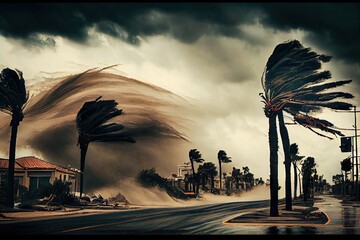 Wall Mural - tropical cyclone, with intense winds and heavy rain, bringing destruction to coastal city, created with generative ai