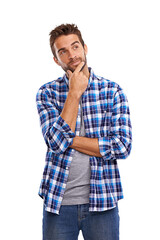Aufkleber - Thinking, memory and a man with a plan and emotion isolated on transparent png background. Serious, confused and a male creative designer with ideas, doubt and problem solving with expression