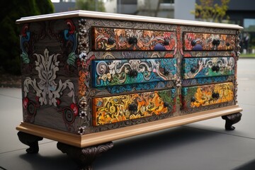 Poster - upcycling furniture piece with intricate detail and design, created with generative ai