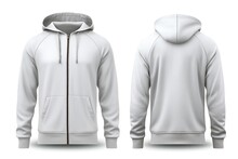Stylish Light Grey Hoodie Zipper Mockup. Front And Back View With White Background